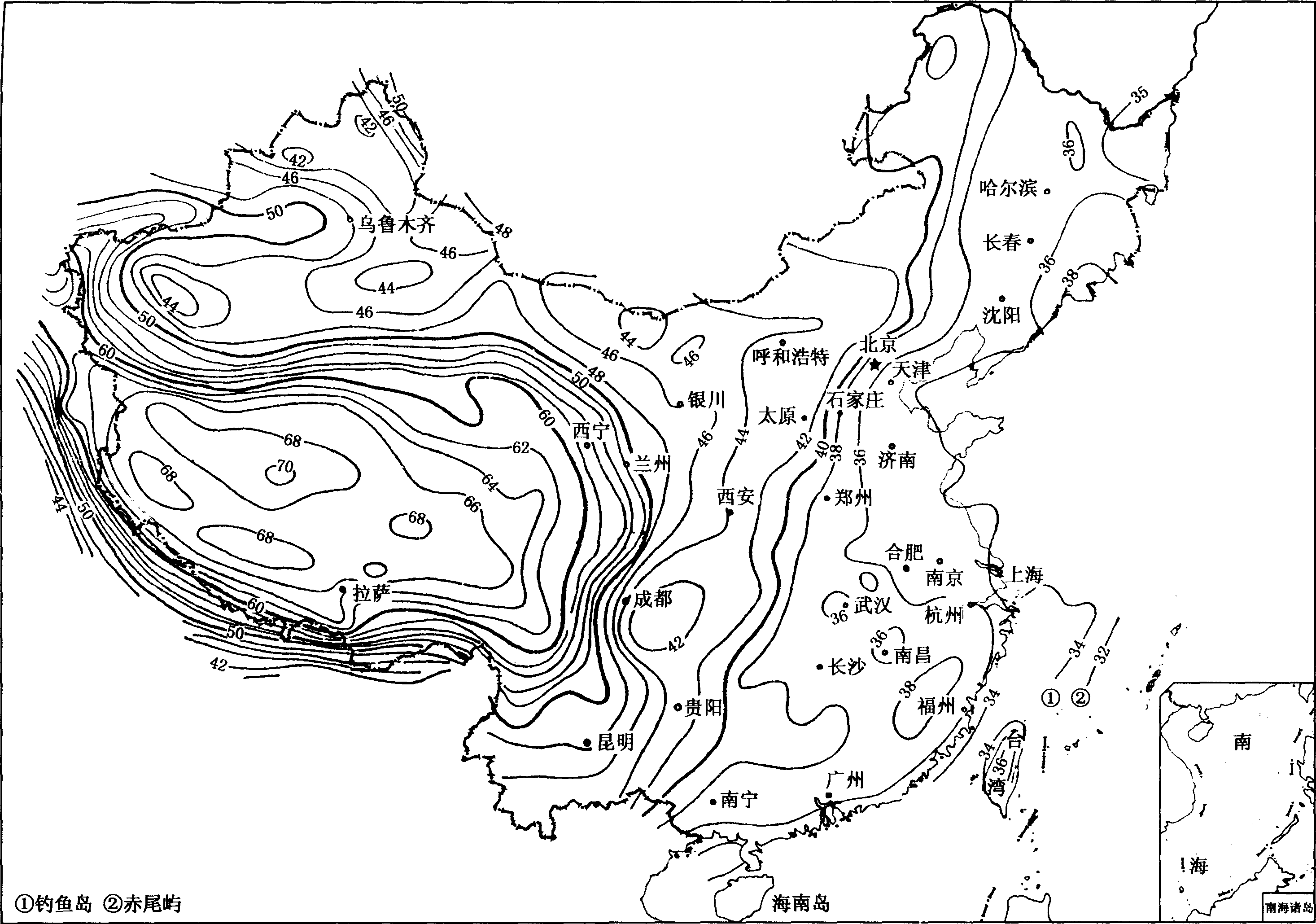 圖1—8 中國莫霍面深度(km)