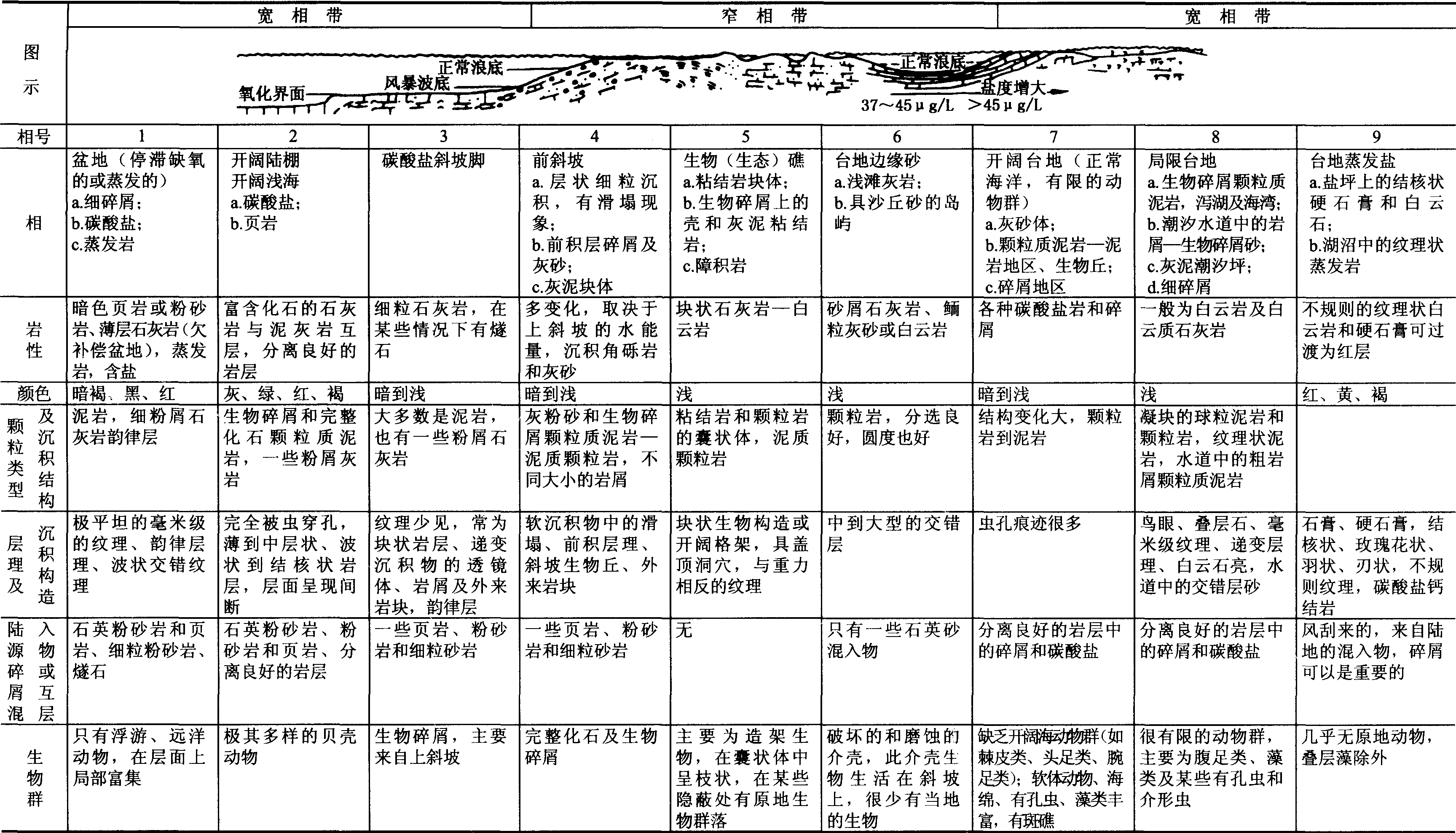 表1—11 碳酸鹽巖理想的標準相帶模式