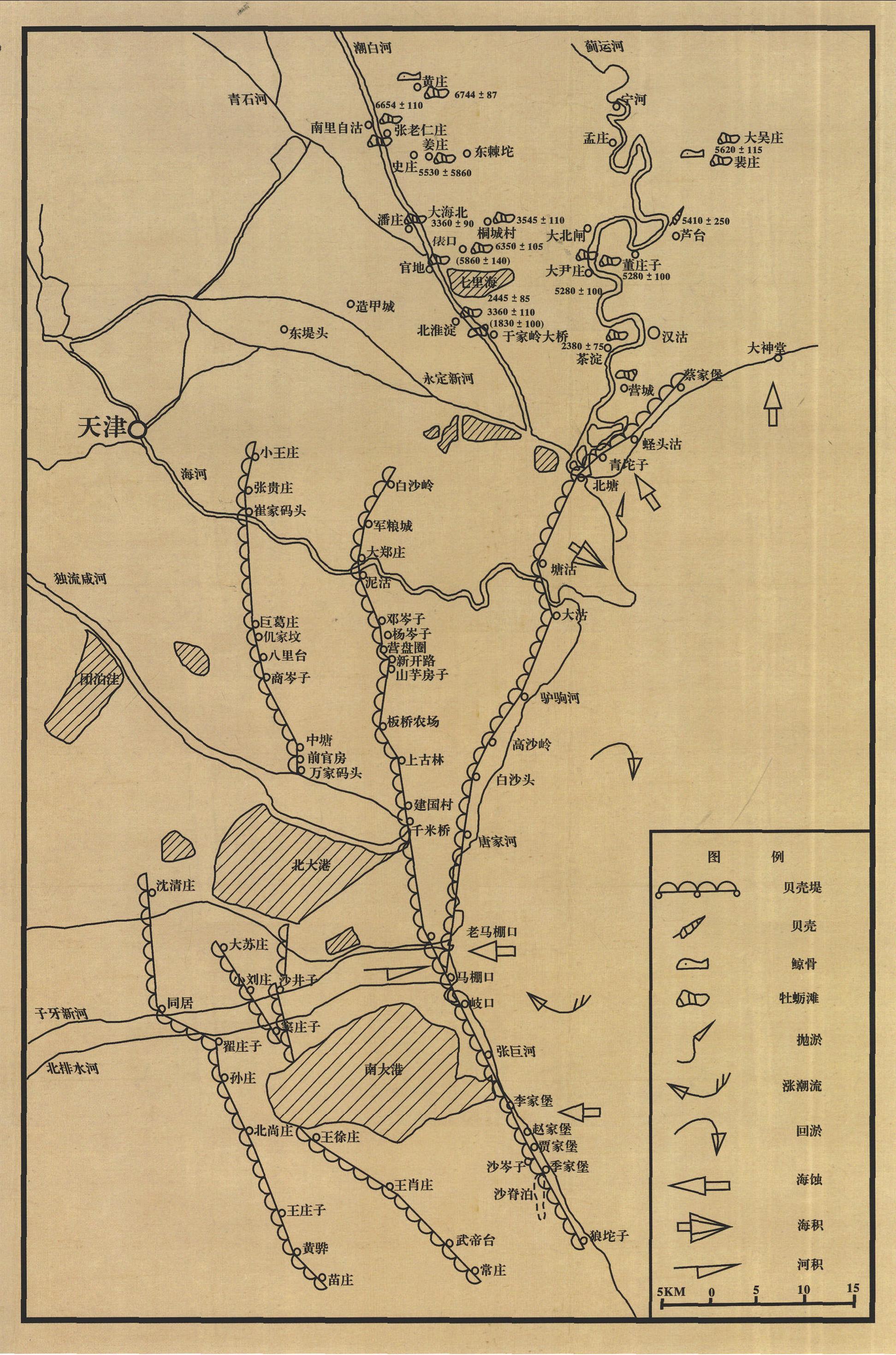 4.天津成陸及貝殼堤、牡蠣灘層分布示意圖